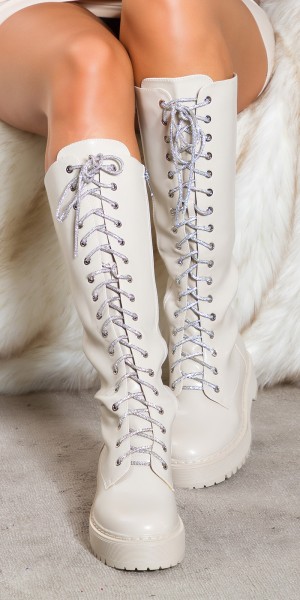 Koucla Trendy Stiefel Biker-Look mit Glitzer-Schnürsenkel Clearance-Verkauf