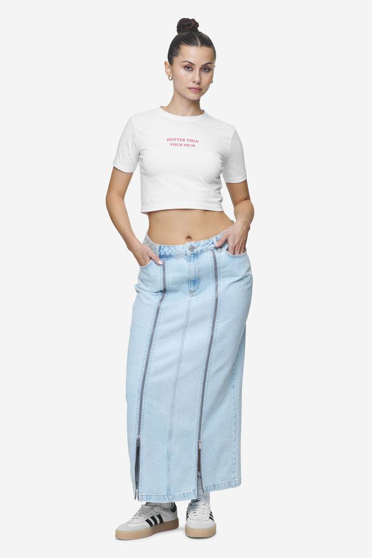 Pegador Aya Denim Midi Zip Skirt Washed Light Blue Kostenlose Rückgabe