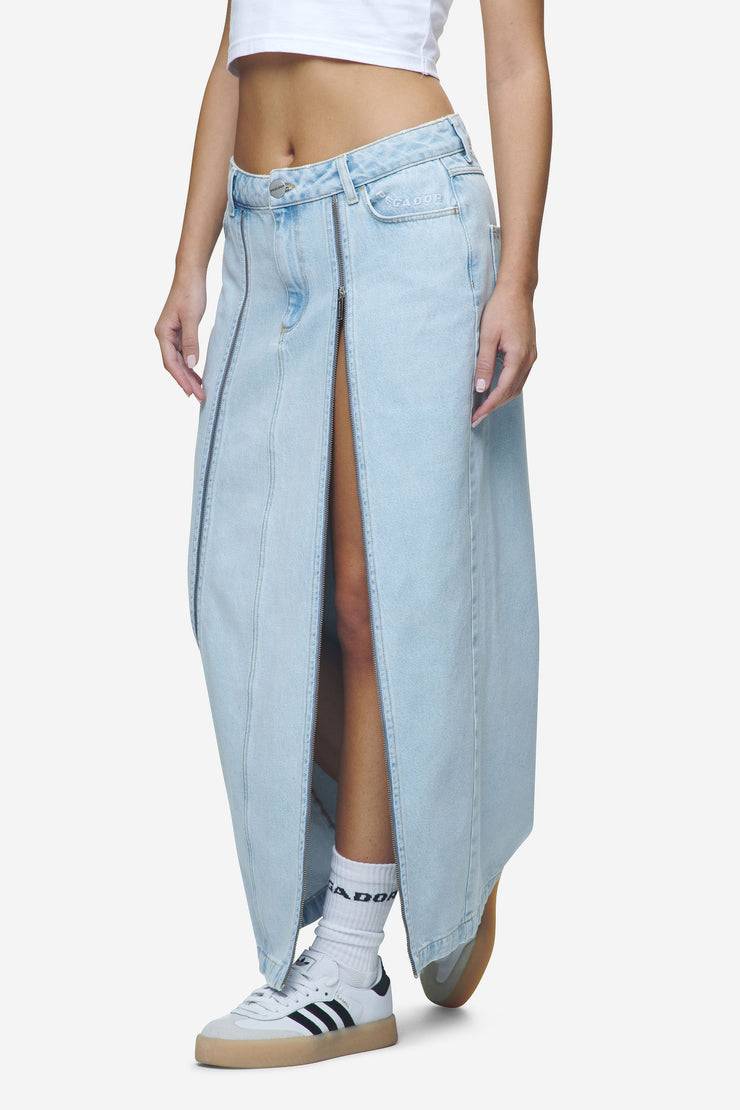 Pegador Aya Denim Midi Zip Skirt Washed Light Blue Kostenlose Rückgabe