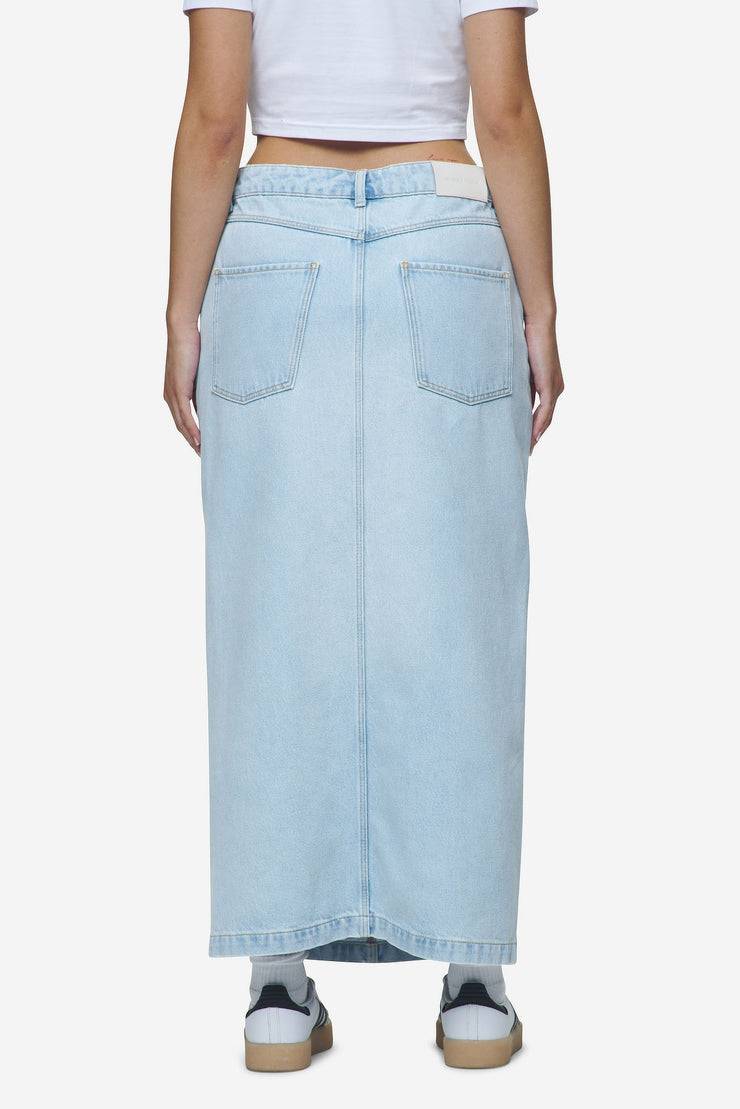 Pegador Aya Denim Midi Zip Skirt Washed Light Blue Kostenlose Rückgabe