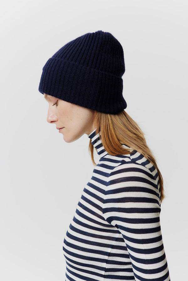 Prinz Berlin Kaschmir Beanie Rib Knit Dunkelblau Muttertagsangebot