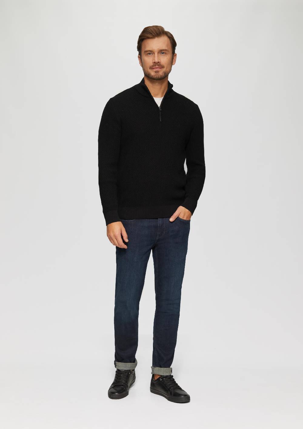 S.Oliver Strukturierter Strickpullover mit Troyerkragen zollfrei