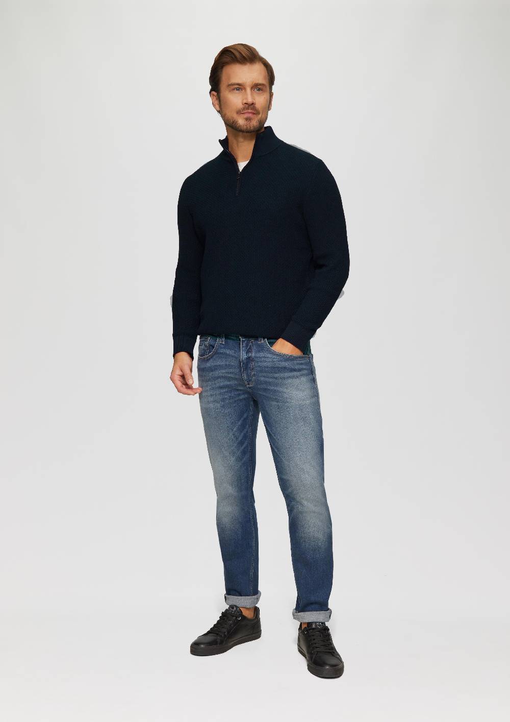 S.Oliver Strukturierter Strickpullover mit Troyerkragen Rabatte dieses Monats