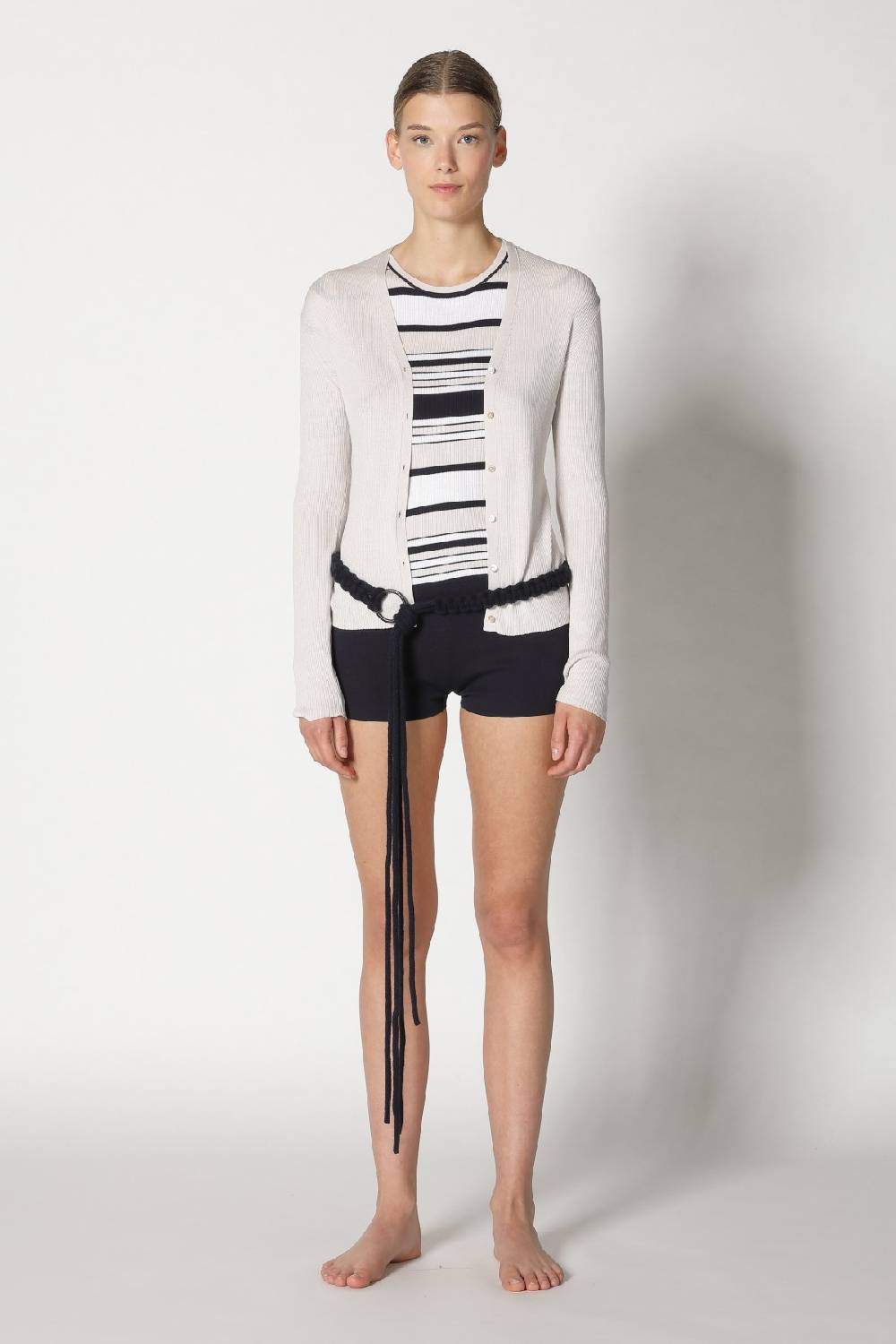Sminfinity silky rib stripe crew T + silky rib cardy + silky shorts + hang loose ring belt Neuheiten