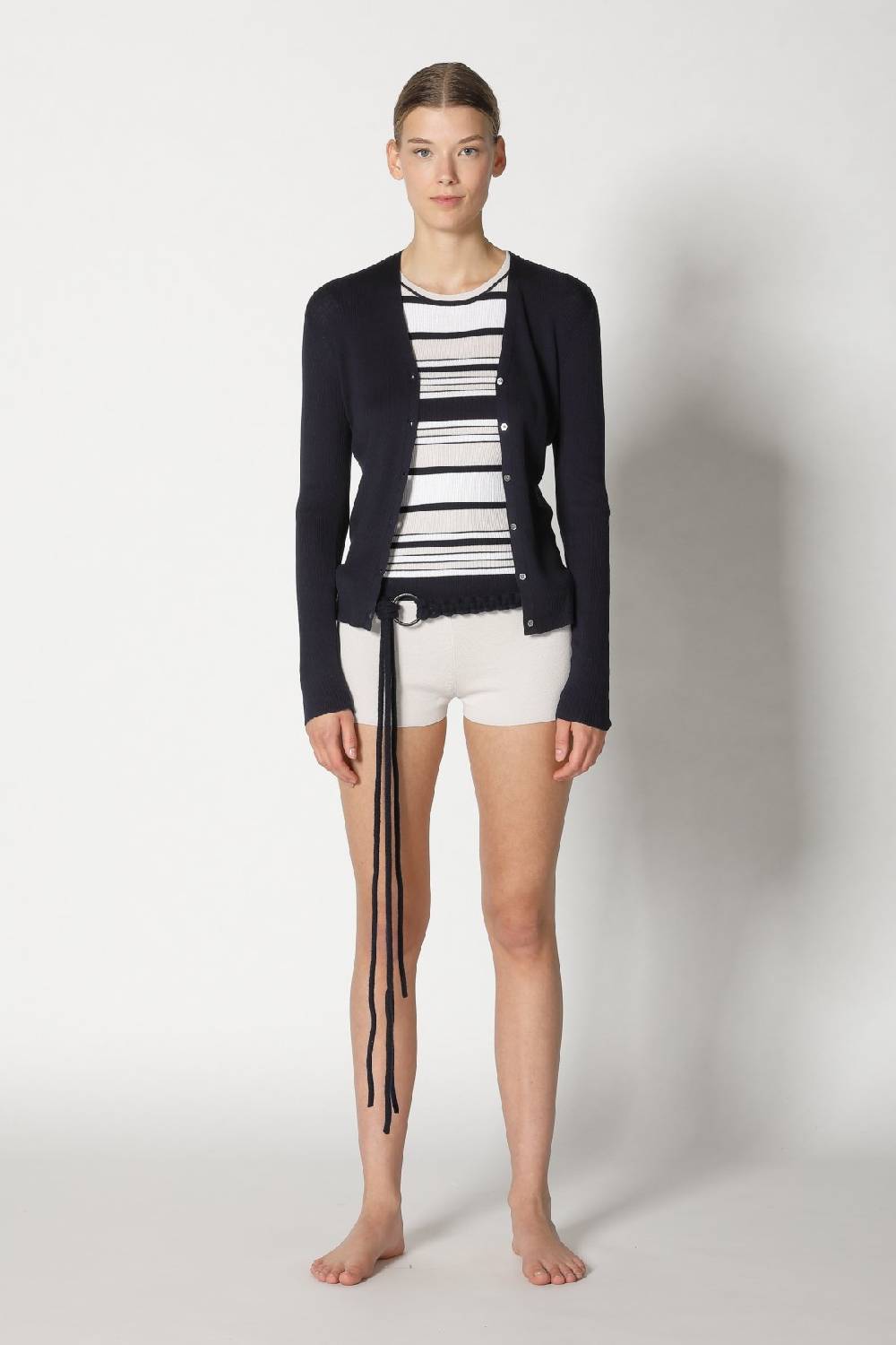 Sminfinity silky rib stripe crew T + silky rib cardy + silky shorts + hang loose ring belt Neuheiten