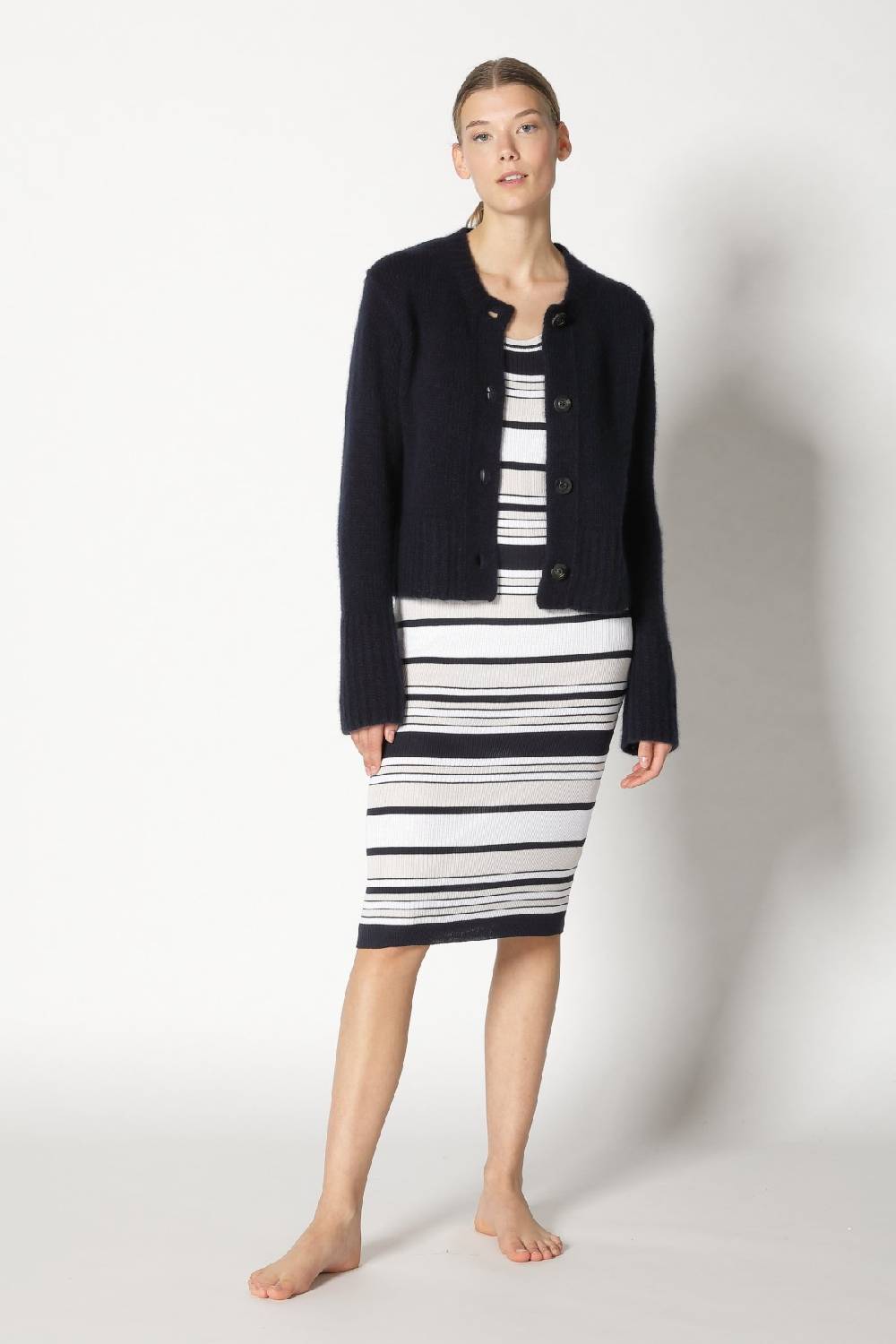 Sminfinity fluffy cropped jacket + silky rib stripe tank dress Saisonale Angebote