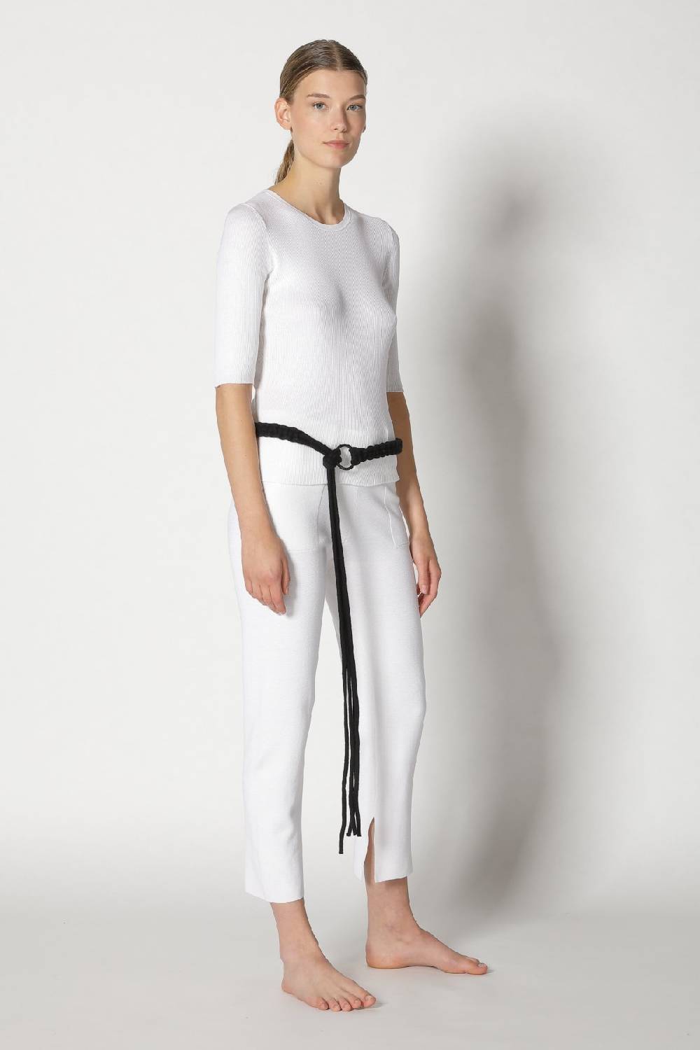 Sminfinity silky rib crew T + silky cropped pants + hang loose ring belt Top Angebot