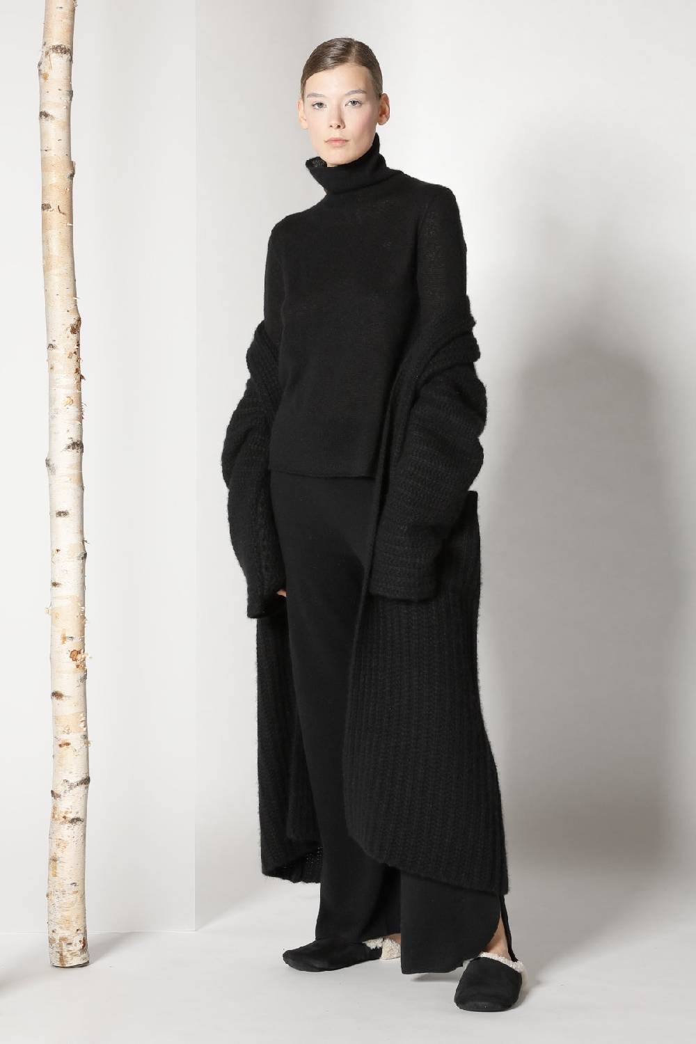 Sminfinity fluffy ribbed maxi coat + fluffy 1 Ply turtleneck + pure slitted pants Online Shopping