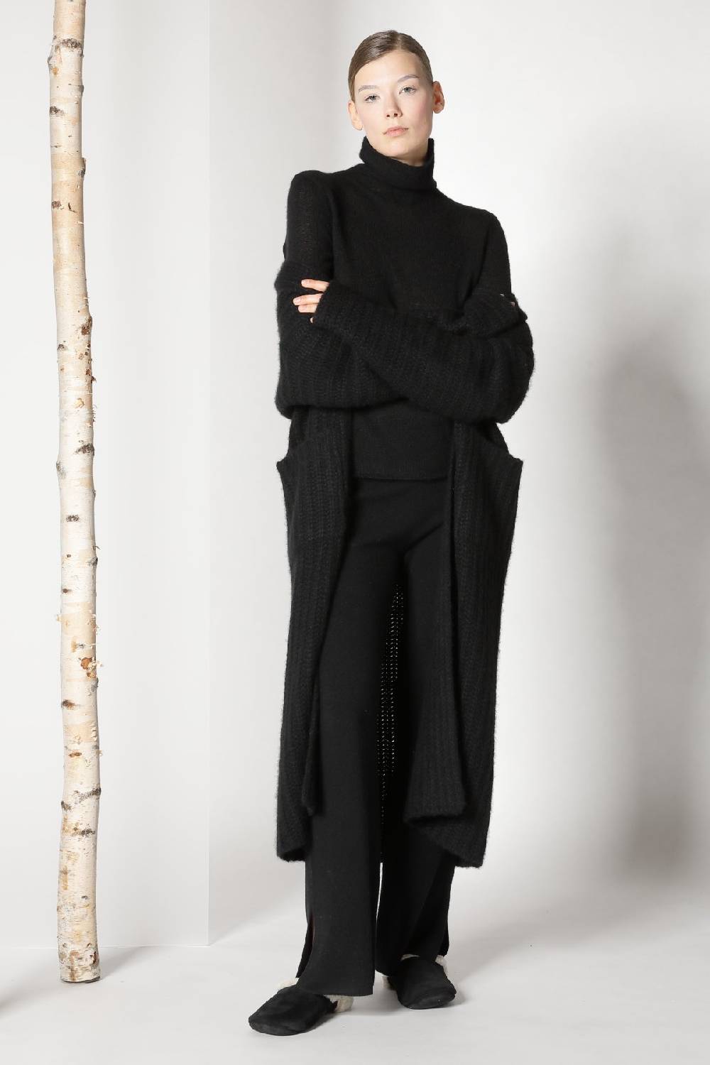 Sminfinity fluffy ribbed maxi coat + fluffy 1 Ply turtleneck + pure slitted pants Online Shopping