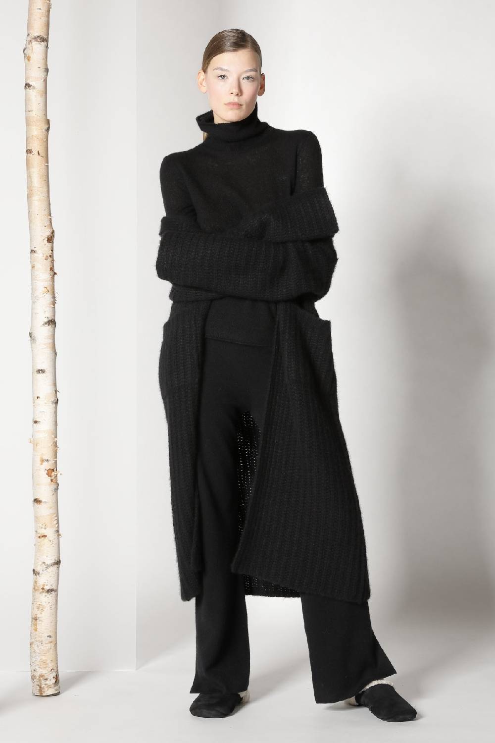 Sminfinity fluffy ribbed maxi coat + fluffy 1 Ply turtleneck + pure slitted pants Online Shopping