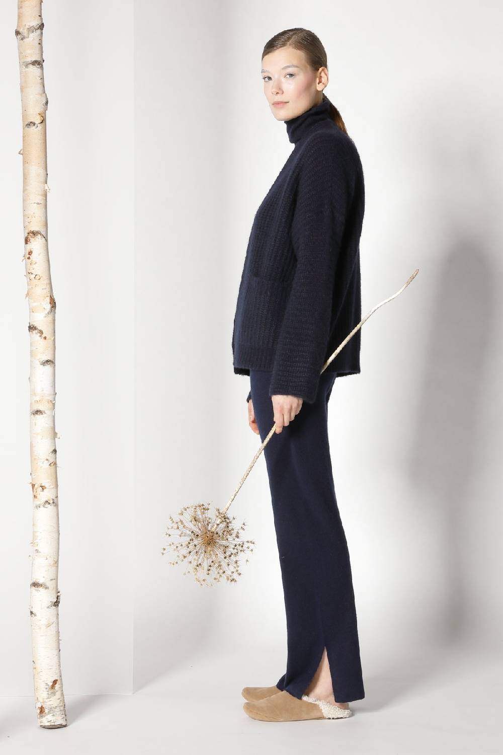 Sminfinity fluffy ribbed jacket + fluffy 1 Ply turtleneck + pure slitted pants Neueste Mode